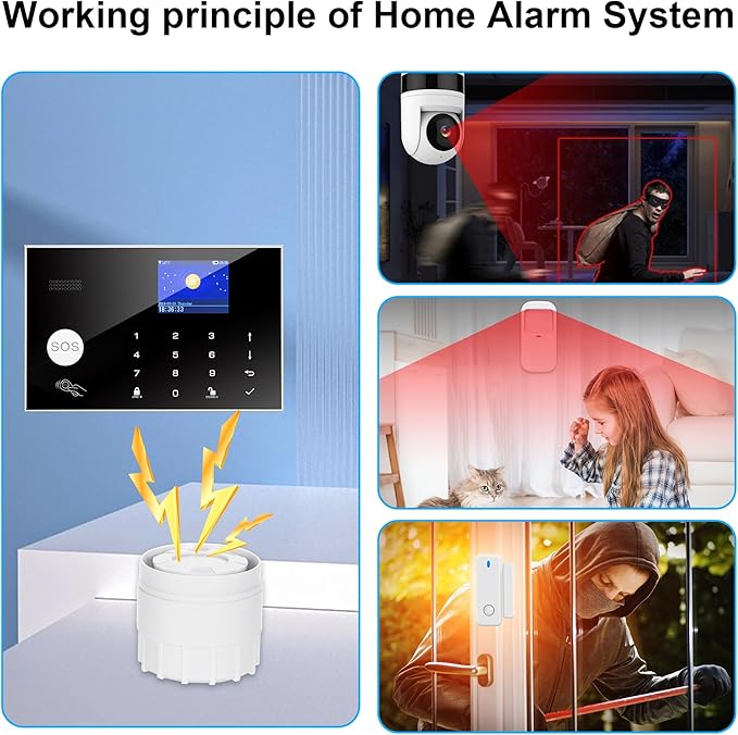 Wireless Home Alarm System, 13pcs GSM SMS 2G WiFi Full Burglar Alarm System, Siren Alarm with PIR, Door Window Sensor, Camera, Remote Control for Apartment, Garage, Office