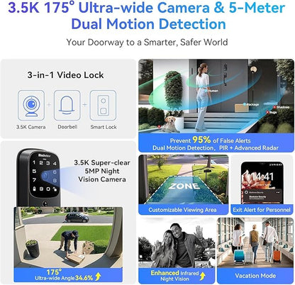 Blackview Video Smart Lock SE80, 3-in-1 3.5K Door Camera+Doorbell+Fingerprint Keyless Entry Door Lock, Smart Wi-Fi Deadbolt for Front Door, App Remote Control, No Monthly Fee, 32GB Local Storage