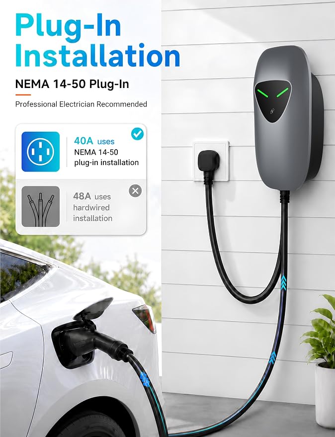 40A Level 2 EV Charger Station, J1772 240V 9.6kW WiFi App 25ft | Garage Home Driveway EV Charger,2.4GHz Smart Control,RFID Access,Indoor Outdoor Installation,UL ETL FCC Certified,Overheat