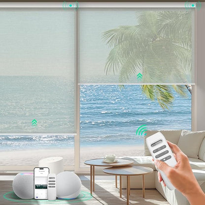 HeyBlinds Motorized Blinds with Remote, Smart Roller Shades with App & Voice Control, Work with Alexa Google HomeKit, Light Filtering Custom Window Shades for Living Room Office (Mist-Light Gray LF)