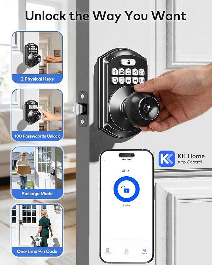 TEEHO TE018 Smart Door Knob with Keypad, App Control, Keyless Entry Digtal Door Lock with Handle, Remote Share One-Time Code, Auto Lock, Easy Installation for Front Door, Bedroom, Rental, Matte Black
