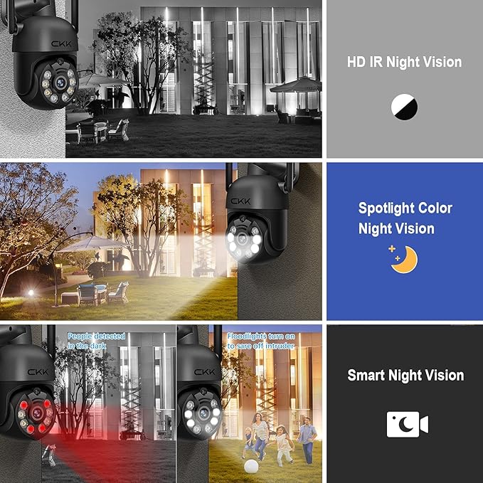 CKK [3K Security Camera Outdoor] Color Night Vision, Wireless PTZ Cameras for Home Auto Tracking, IP66 2-Way Audio,3K WiFi Camera for Indside/Outside Security,Human Detection, 360° View,C102