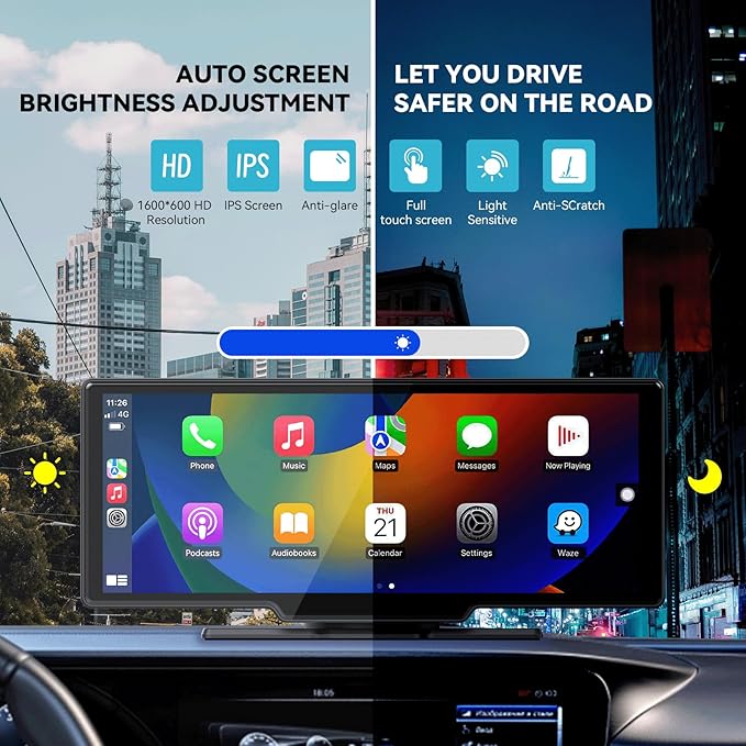 1080p Backup Camera with 10.26” Portable Carplay & Android Auto Touch Screen, Wireless Car Stereo, 4K Dash Cam, Bluetooth/GPS Navigation/Mirror Link/Voice Control/Loop Recording, 64GB TF Card Included