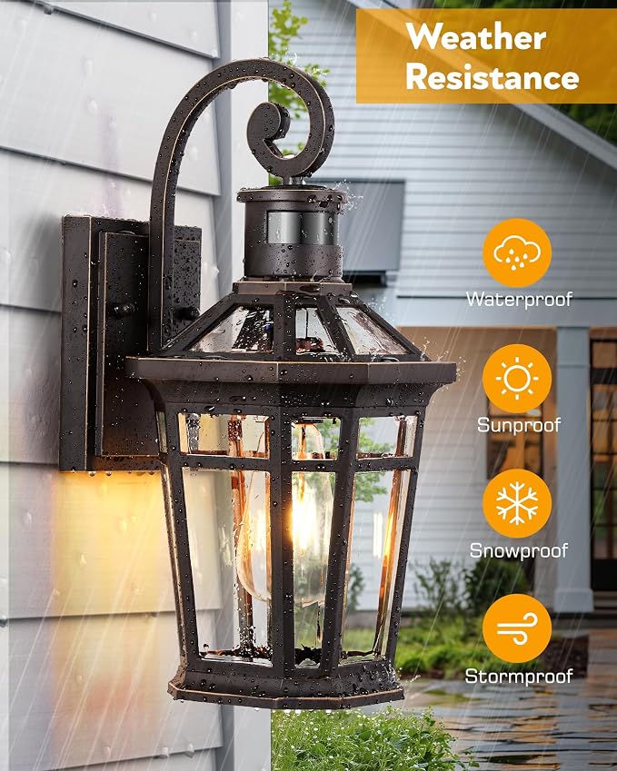 Motion Sensor Porch Lights Outdoor Wall Mount, Oil Rubbed Bronze Exterior Wall Sconce Lantern with E26 Socket, Waterproof Dusk to Dawn Outdoor Lighting Fixtures, Coach Lights for Garage, Patio
