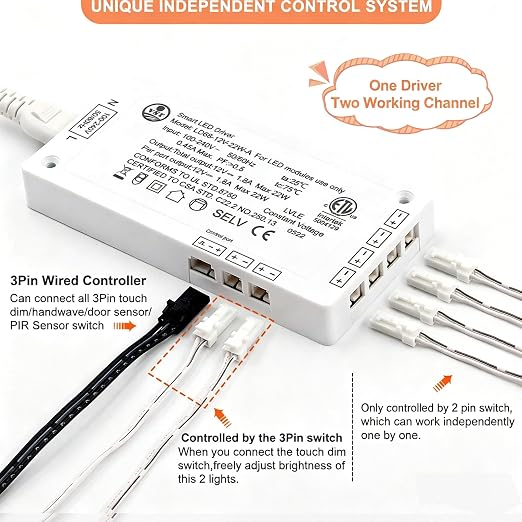 VST 22W LED Power Supply 100V-240V AC to 12V DC Low Voltage LED Transformer with 12V JST Ports, ETL Certified White LED Driver