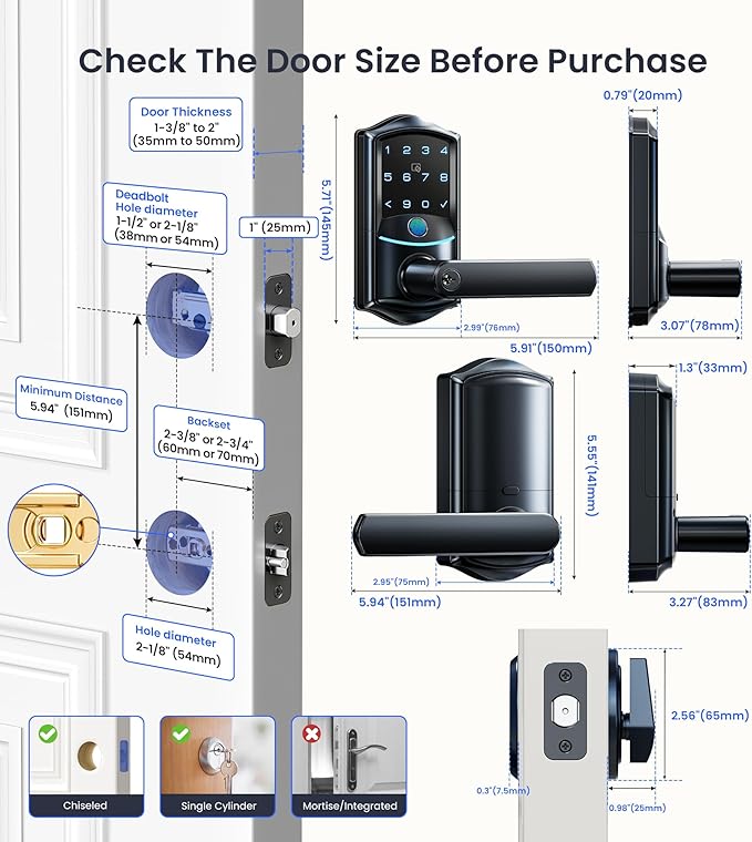 Veise VE029-E Wi-Fi Smart Lock with Handle & Non-Keyed Deadbolt, Fingerprint Keyless Entry Lock for Front Door, APP Remote Control, Keypad Electronic Digital Knob, IP65 Waterproof, Matte Black