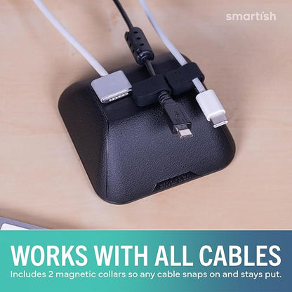 Smartish Magnetic Cord Holder, Cable Wrangler, Nightstand & Desk Organizer | Holds 5 Cords, 2 Cable Clips, Weighted Base, Charger Keeper, Phone Charging Cable Management, Home Office Accessories, Black