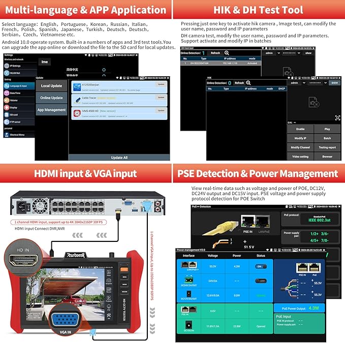 Rsrteng CCTV Tester 4K 12MP IP Camera Tester POE++ Max 90W POE Camera Test 8" 1920x1200 IPS Touch Screen 1CH SFP Module WiFi Network Tools Cable Test POE Detection Power Management APP Update