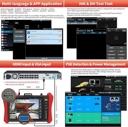 Rsrteng CCTV Tester 4K 12MP IP Camera Tester POE++ Max 90W POE Camera Test 8" 1920x1200 IPS Touch Screen 1CH SFP Module WiFi Network Tools Cable Test POE Detection Power Management APP Update