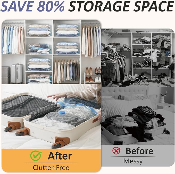 Vacuum Storage Bags with Hand Pump, Vacuum Seal Space Saver Bags,25 Combo | 80% Space-Saving Bags for Clothing, Blankets, Pillows, Bedding & Comforters; Multi-Size Variety Pack for Home & Travel