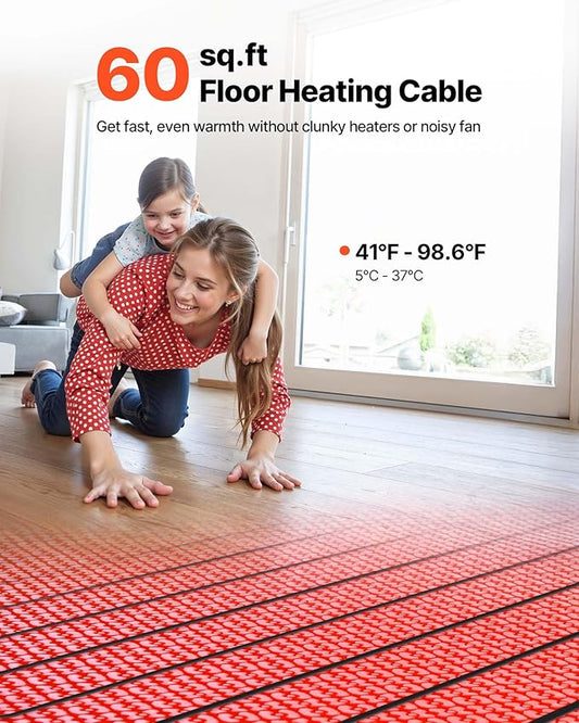 VEVOR Floor Heating Mat System, 60 sqft 120V, Decoupling Membrane, Smart Thermostat & Alarm, Easy Install for Tile, Stone & Vinyl Flooring