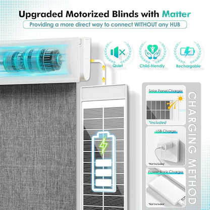 Motorized Blinds with Remote, Smart Blinds with Solar Panel, Cordless Blackout Automatic Shades with Matter Motor, Grey, 23×72