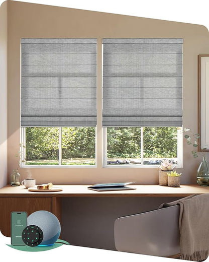 Yoolax Motorized Roman Shades with Remote, Smart Roman Shades for Indoor Windows, Light Filtering Automatic Blinds Work with Alexa, Google, Apple Homekit for Living Room, Customized (Strip Brown)