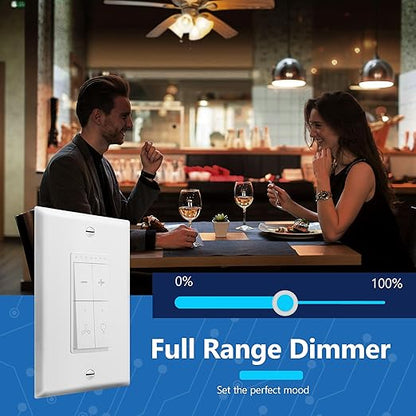 LIDER Smart Fan Switch, 2.4GHz Wi-Fi Combination Dimmer Switch with 4-Speed Fan Control, Single Pole, Neutral Wire Required, 120V, 300W Incandescent, 150W CFL/LED, UL Listed, White