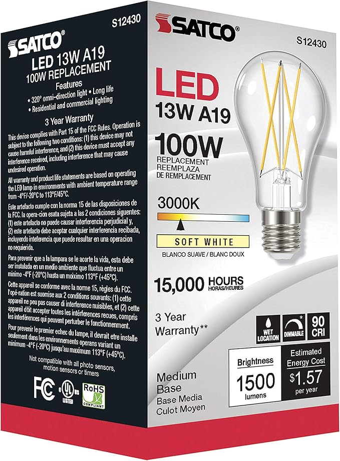 Satco S12430, Clear, Medium Base, 3000K, 90 CRI, 120 Volt, 12.5 Watt LED A19 Bulb