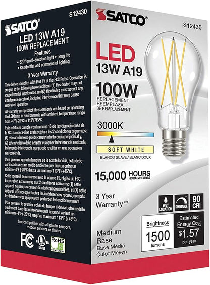 Satco S12430, Clear, Medium Base, 3000K, 90 CRI, 120 Volt, 12.5 Watt LED A19 Bulb