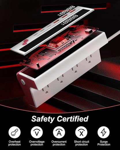 10-in-1 USB Charging Station, 4 Outlets Power Strip with 6 USB, 5 FT Long Extension Cord, 45° Flat Plug, 20W Fast Mulit Charging Station for Home Office Travel Plug Extension Outlet (Red)