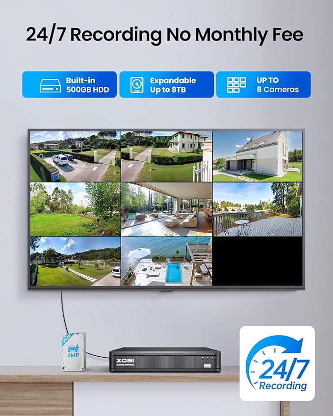 ZOSI 5MP Lite 3K Wired Security Camera System with AI Human Vehicle Detection, 8CH H.265+ CCTV DVR, 4 x 1080P Weatherproof Home Security Camera Outdoor Indoor, IR Night Vision, Motion Alert, 500GB HDD