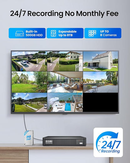 ZOSI 5MP Lite 3K Wired Security Camera System with AI Human Vehicle Detection, 8CH H.265+ CCTV DVR, 4 x 1080P Weatherproof Home Security Camera Outdoor Indoor, IR Night Vision, Motion Alert, 500GB HDD