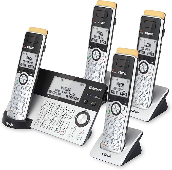 VTech IS8151-4 Super Long Range 4 Handset Cordless Phone for Home with Answering Machine, 2300 ft Range, Call Blocking, Bluetooth, Headset Jack, Power Backup, Expandable to 12 HS, Silver/Black
