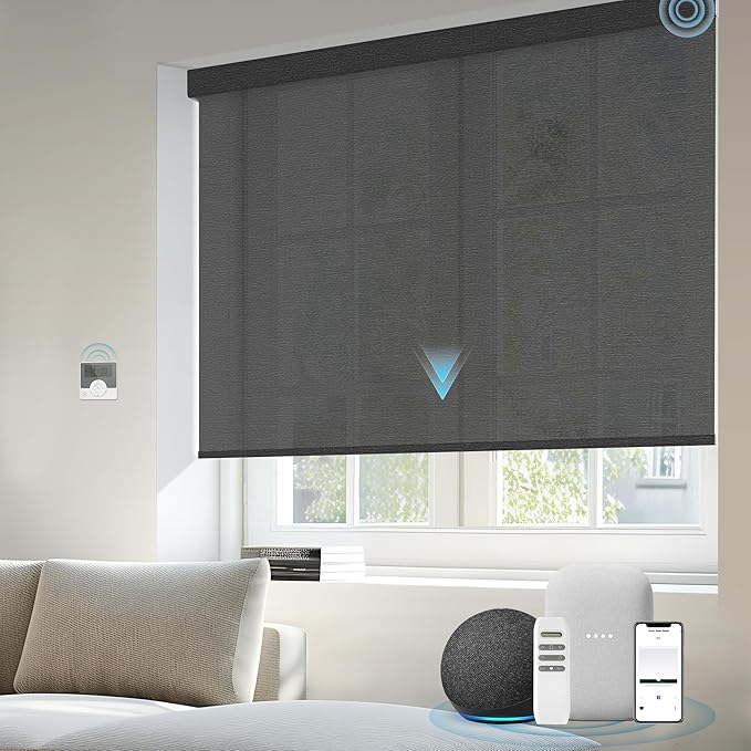 Smart Shades Compatible with Alexa Google Custom to 115" Width Light Filtering Motorized Blinds Automatic Large Window Roller Shade Remote Control 30% Blackout Peacock Black