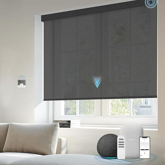 Smart Shades Compatible with Alexa Google Custom to 115" Width Light Filtering Motorized Blinds Automatic Large Window Roller Shade Remote Control 30% Blackout Peacock Black