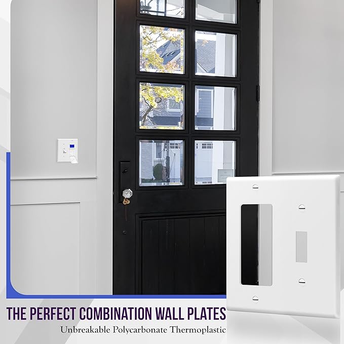 Enerlites 881131-W Decorator/Toggle Switch Wall Plate Combination, 2-Gang, White, Standard Size, Unbreakable Polycarbonate, Replacement Receptacle Faceplates Outlet Cover