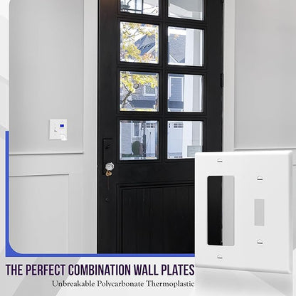Enerlites 881131-W Decorator/Toggle Switch Wall Plate Combination, 2-Gang, White, Standard Size, Unbreakable Polycarbonate, Replacement Receptacle Faceplates Outlet Cover