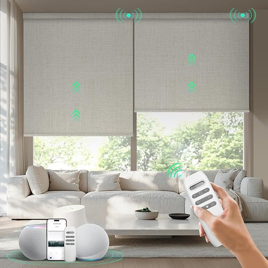 HeyBlinds Motorized Blinds with Remote, 100% Blackout Smart Blinds, Automatic Shades for Windows Compatible with Alexa Google and Homekit, Custom Size(Manner-Linen BO)