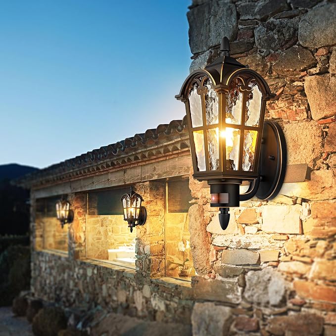 BesLowe 2-Pack 16” Large Motion Sensor Outdoor Wall Lights, Black & Gold