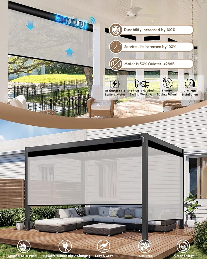 Kincmo Motorized Outdoor Shades for Patio Porch, Custom Outdoor Motorized Blinds with Remote, Waterproof & Windproof Patio Shades Work with Apple Homekit,Alexa,Google (3% Openness White)