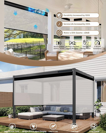 Kincmo Motorized Outdoor Shades for Patio Porch, Custom Outdoor Motorized Blinds with Remote, Waterproof & Windproof Patio Shades Work with Apple Homekit,Alexa,Google (3% Openness White)