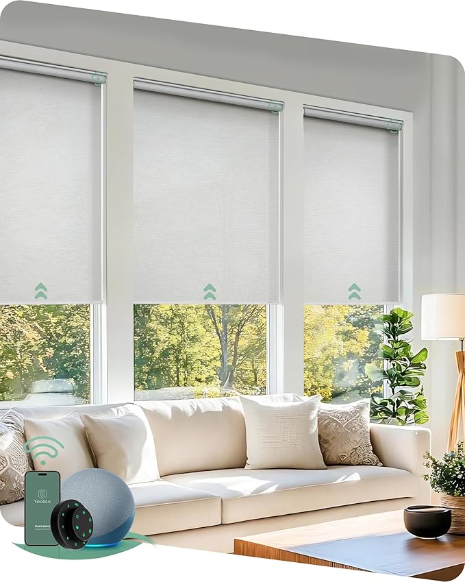 Yoolax Motorized Blinds with Remote, Flame Resistat mart Roller Shades Work with Alexa, Google, Apple Homekit, Custom Automatic Shades with Voice Control for Living Room (3% Openness White)