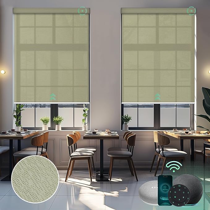 Yoolax Motorized Solar Shades Light Filtering Motorized Blinds with Remote Smart Blinds Work with Alexa, Google, Flame Retardant Roller Shades for Windows, Customized (3% Openness Sunlit Yellow)