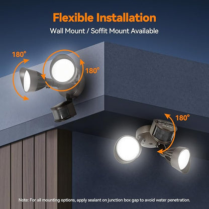 45W 5500LM PIR Motion Sensor Outdoor Lights, Dual Head LED Flood Light, 5000K Daylight, IP65 Waterproof Hardwired Dusk to Dawn Motion Detector Security Light for Outside Garage Yard (Brown)