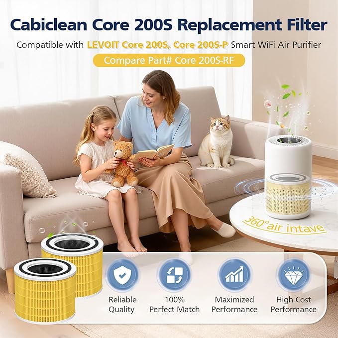 2 Pack Core 200S Replacement Filter, Compatible with LEVOIT Core 200S Core 200S-P Smart WiFi Air Purifier, Compare Part# Core 200S-RF, Core 200S-P, Yellow