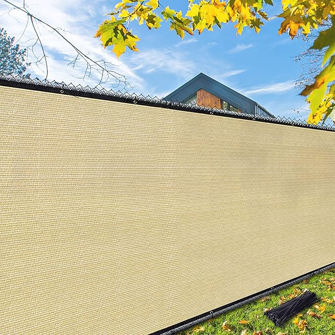 i COVER 4x25ft Privacy Screen Fence, Outdoor Fencing Panels, Garden Windscreen Mesh Shade Sail Net Barrier, Fence Privacy Screen Reinforced Bindings and Brass Grommets Cable Zip Ties, Sand