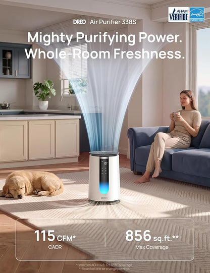 DREO Smart HEPA Air Purifier for Home, AHAM VERIFIDE Air Cleaner for Bedroom, Pets, Smoke, Dust, Pollen & Odors, Wi-Fi/Voice/Alexa, PM2.5 Monitor, Auto, Turbo, Quiet Sleep Mode, DR-HAP008S (Dreo 338S)