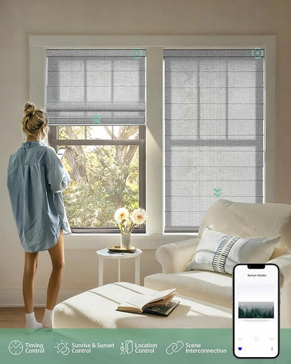 Yoolax Motorized Roman Shades with Remote, Smart Roman Shades for Indoor Windows, Light Filtering Automatic Blinds Work with Alexa, Google, Apple Homekit for Living Room, Customized (Strip Brown)