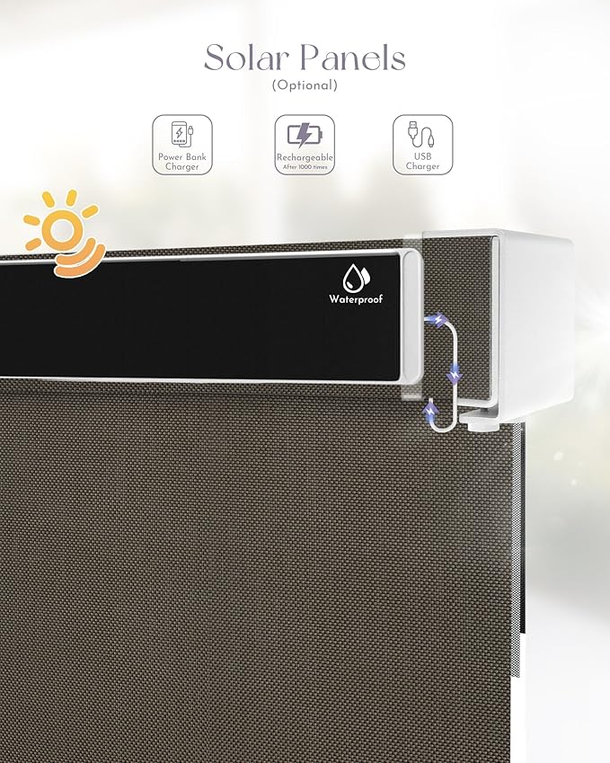 Graywind Motorized Outdoor Shades for Patio - Work with Alexa & Google - Solar Powered Electric Roller Shades - Custom Size (3% Openness Chocolate)
