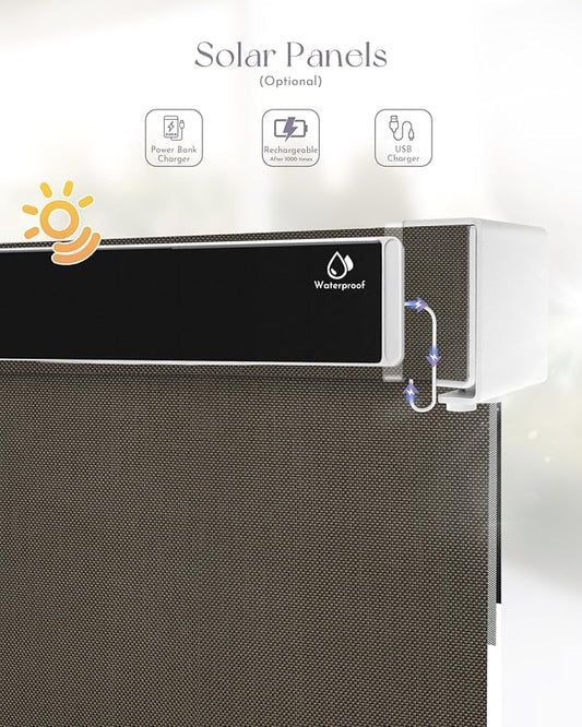 Graywind Motorized Outdoor Shades for Patio - Work with Alexa & Google - Solar Powered Electric Roller Shades - Custom Size (3% Openness Chocolate)