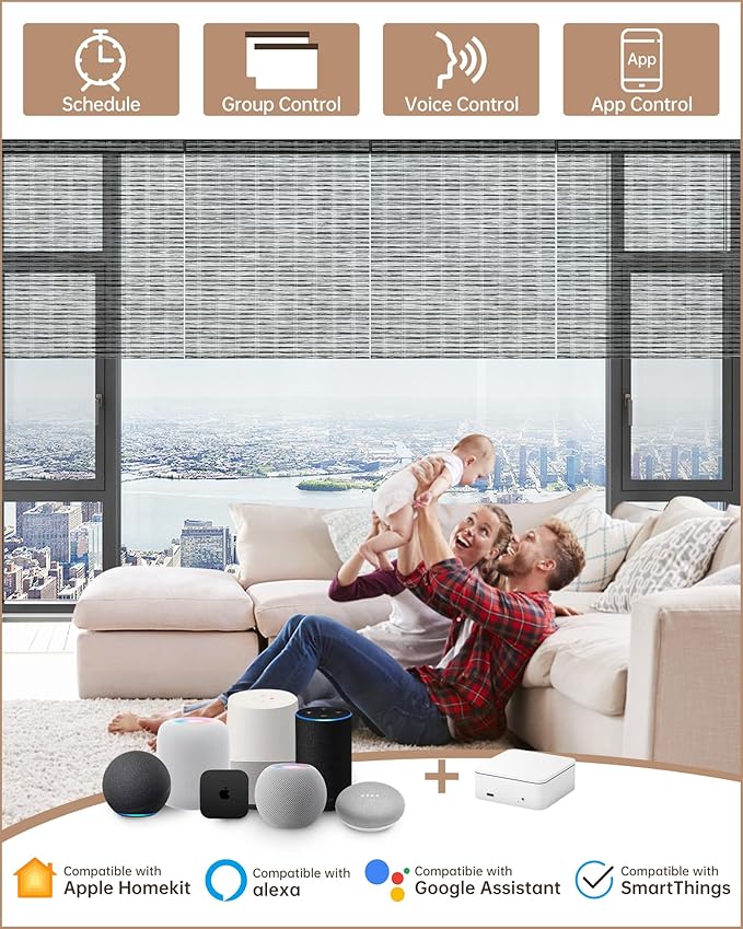 Kincmo Motorized Blinds with Remote, Light Filtering Roller Shades Work with Apple Homekit,Alexa,Google Home, Custom Electric Blinds with App,Voice Control (50% Blackout Woven Black)