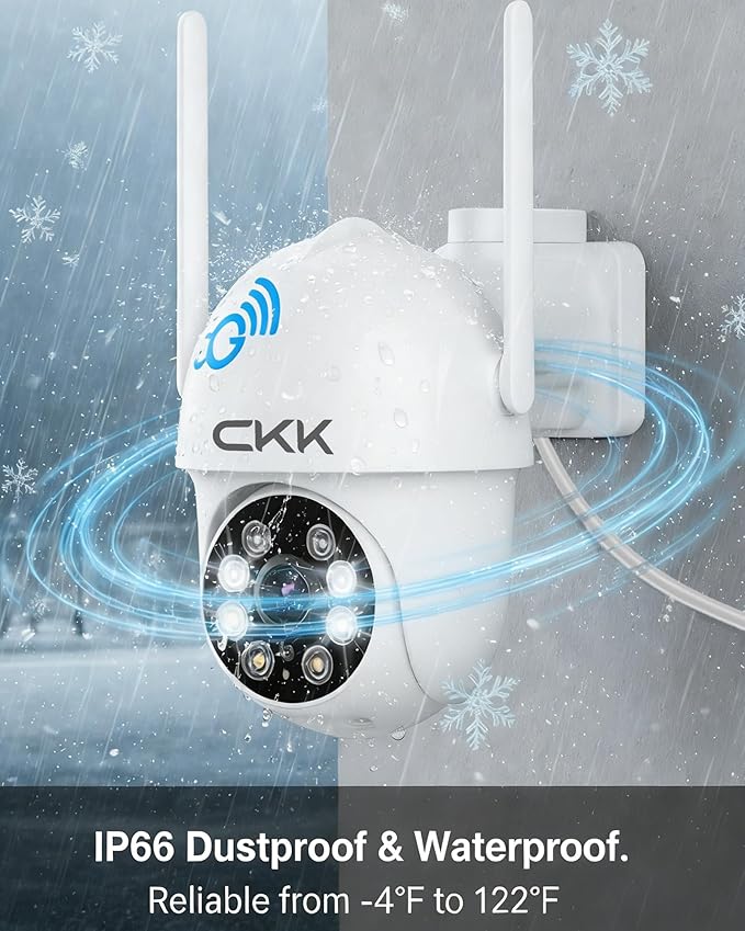 CKK 2K Security Cameras Outdoor, 2.4G/5G Wireless Home Security Camera, Corded Power,360 PTZ, Motion Detection, Color Night Vision, 2-Way Talk, Waterproof, Audible & Floodlight Alarm, Works with Alexa