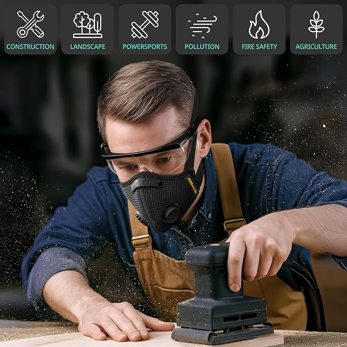 FIGHTECH Dust Mask 2 Sizes - Large, Woodworking Reusable Carbon Filter Mask | Reusable Face Mask with Air Valves for Construction and Moving Single Black Mask Helps Reduce Dust During Work