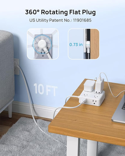 TROND Power Strip Surge Protector, 360° Rotating Flat Plug, 8 Widely Spaced Outlets, 3C1U, Flat Plug Extension Cord 10ft, 1440J Surge Protector, Home Office, White