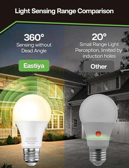 Dusk to Dawn Sensor LED Outdoor Light Bulb, Warm White 3000K, A19 13W(100 Watt Equivalent) Bright Porch Lighting, 1200LM, Auto-On/Off Photocell Sensor for Garage Yard Patio Garden-4 Pack