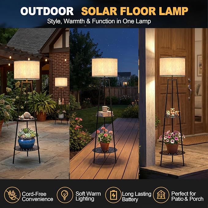 MXwcy 2Pack Solar Outdoor Floor Lamps with Plant Shelves, Waterproof Solar Standing Lamps for Patio Porch Garden Yard, Auto On/Off Warm LED Outdoor Floor Lights, Cordless 2-Tier Plant Stand Decor