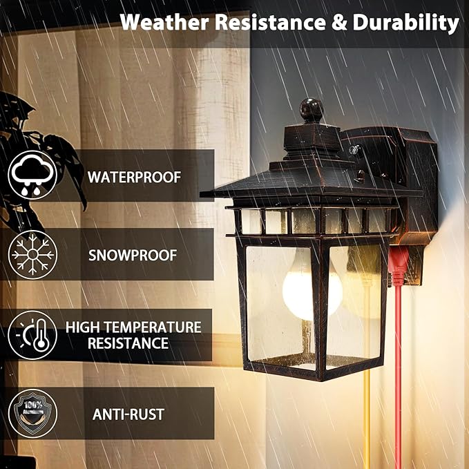 2 Pack Outdoor Light with GFCI Outlet,Antique Black and Bronze Gold Dusk to Dawn Porch Lights Outdoor Wall Light Fixture with Outlet,Aluminum Exterior Lighting Fixtures,Outside Lights for House
