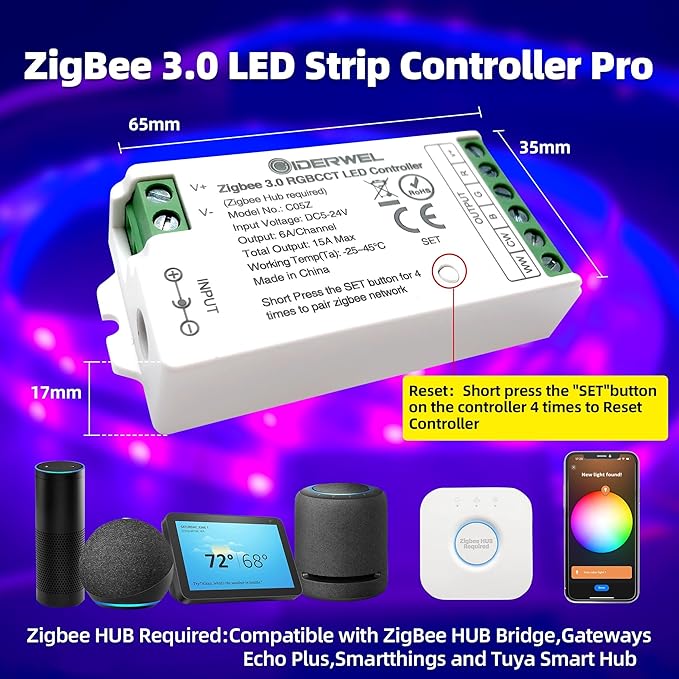 GIDERWEL Smart Zigbee 3.0 LED Controller RGBWW Work with ZigBee Hub Bridge,Echo Plus,Tuya Smart Hub for APP/Voice Control RGBCCT RGBW LED Strip Dimming and Color Changing(only Zigbee Controller)