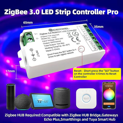 GIDERWEL Smart Zigbee 3.0 LED Controller RGBWW Work with ZigBee Hub Bridge,Echo Plus,Tuya Smart Hub for APP/Voice Control RGBCCT RGBW LED Strip Dimming and Color Changing(only Zigbee Controller)